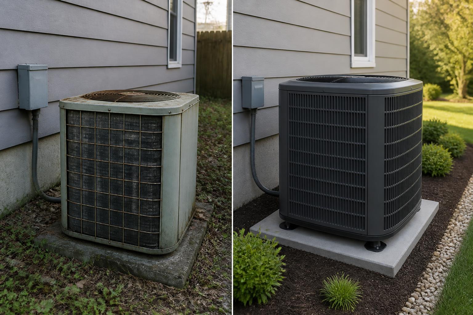 Old HVAC system compared with a modern replacement